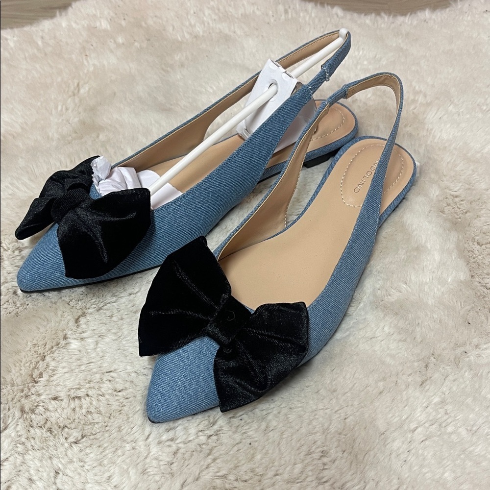 Bandolino Simona Denim Pointy Slingback Flats with Black Velvet Bow - Picture 6 of 8